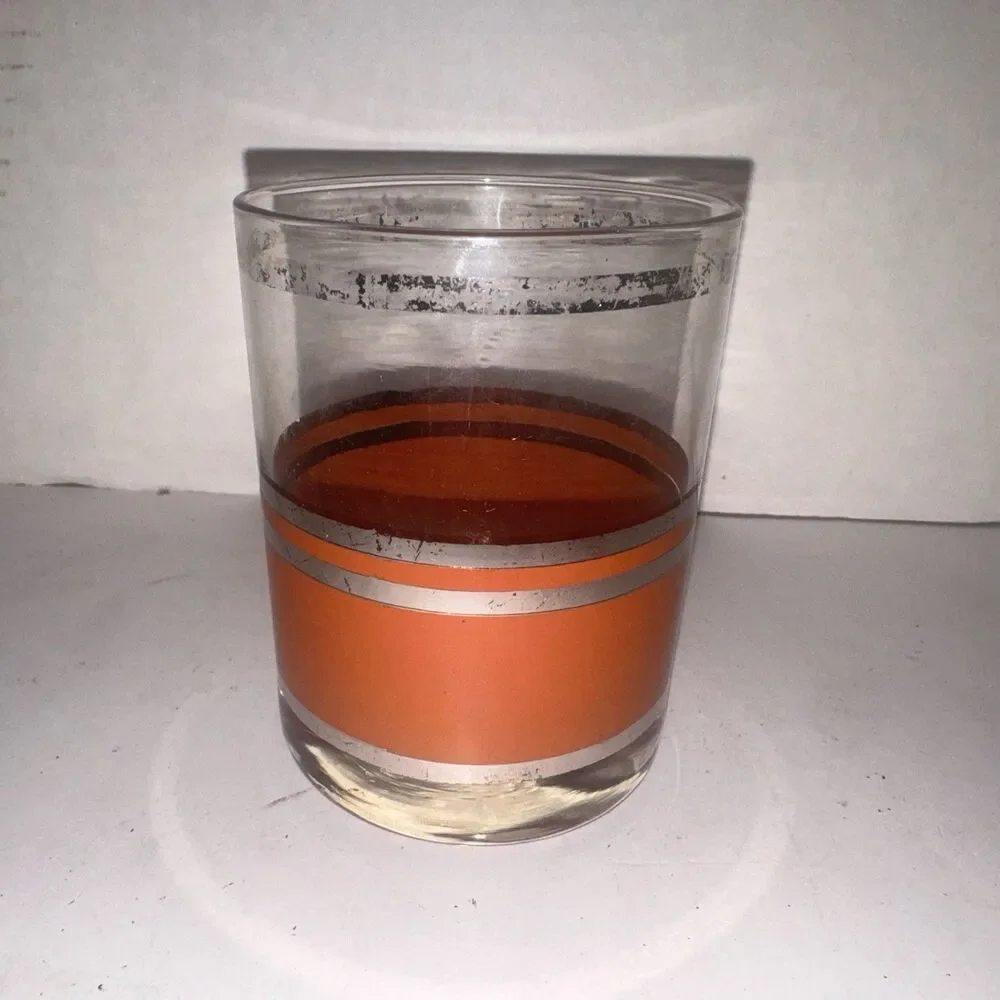Set 4 Georges Briard Orange Silver Stripe Mid Century Rocks Glasses MCM Signed